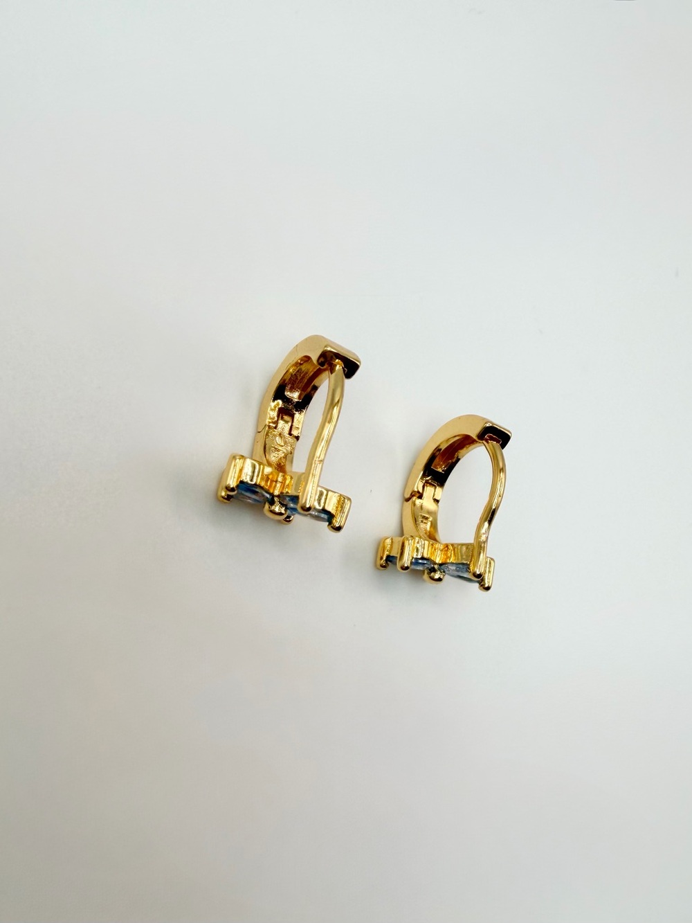 Gold Plated Blue Flower Crystal Huggie Earrings - Picture 2 of 6